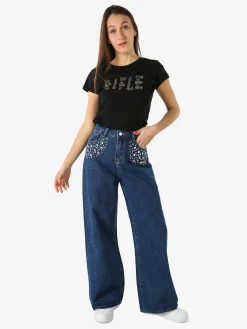 Rifle T-shirt girocollo da donna in cotone con micro borchie - nero