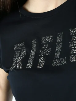 Rifle T-shirt girocollo da donna in cotone con micro borchie - nero