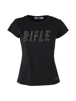 Rifle T-shirt girocollo da donna in cotone con micro borchie - nero