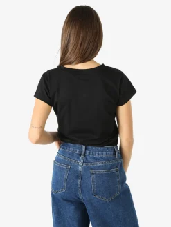 Rifle T-shirt girocollo da donna in cotone con micro borchie - nero