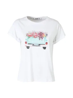 Rifle T-shirt girocollo da donna in cotone con stampa e strass - bianco