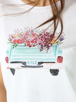 Rifle T-shirt girocollo da donna in cotone con stampa e strass - bianco