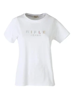 Rifle T-shirt girocollo da donna in cotone con strass - bianco