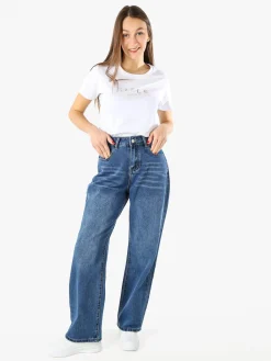 Rifle T-shirt girocollo da donna in cotone con strass - bianco