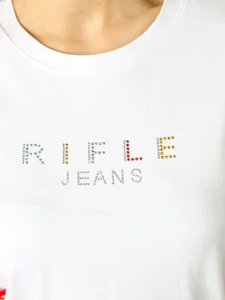 Rifle T-shirt girocollo da donna in cotone con strass - bianco