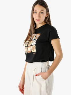 Rifle T-shirt girocollo da donna in cotone con stampe e strass - nero