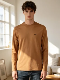 Rifle T-shirt uomo a maniche lunghe in cotone - cammello