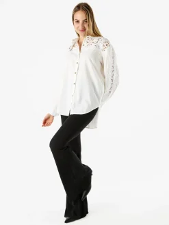 Rossamiss Camicia donna a maniche lunghe con dettagli in pizzo macramè - bianco