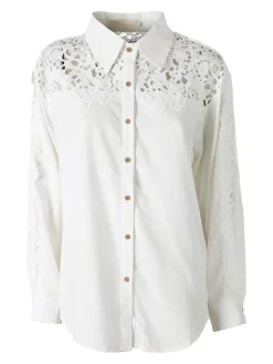 Rossamiss Camicia donna a maniche lunghe con dettagli in pizzo macramè - bianco