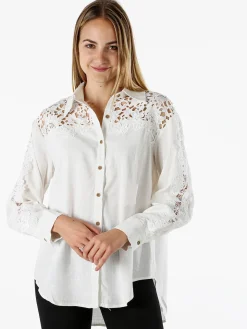 Rossamiss Camicia donna a maniche lunghe con dettagli in pizzo macramè - bianco