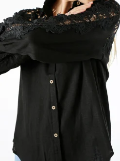 Rossamiss Camicia donna a maniche lunghe con dettagli in pizzo macramè - nero