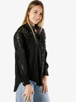 Rossamiss Camicia donna a maniche lunghe con dettagli in pizzo macramè - nero