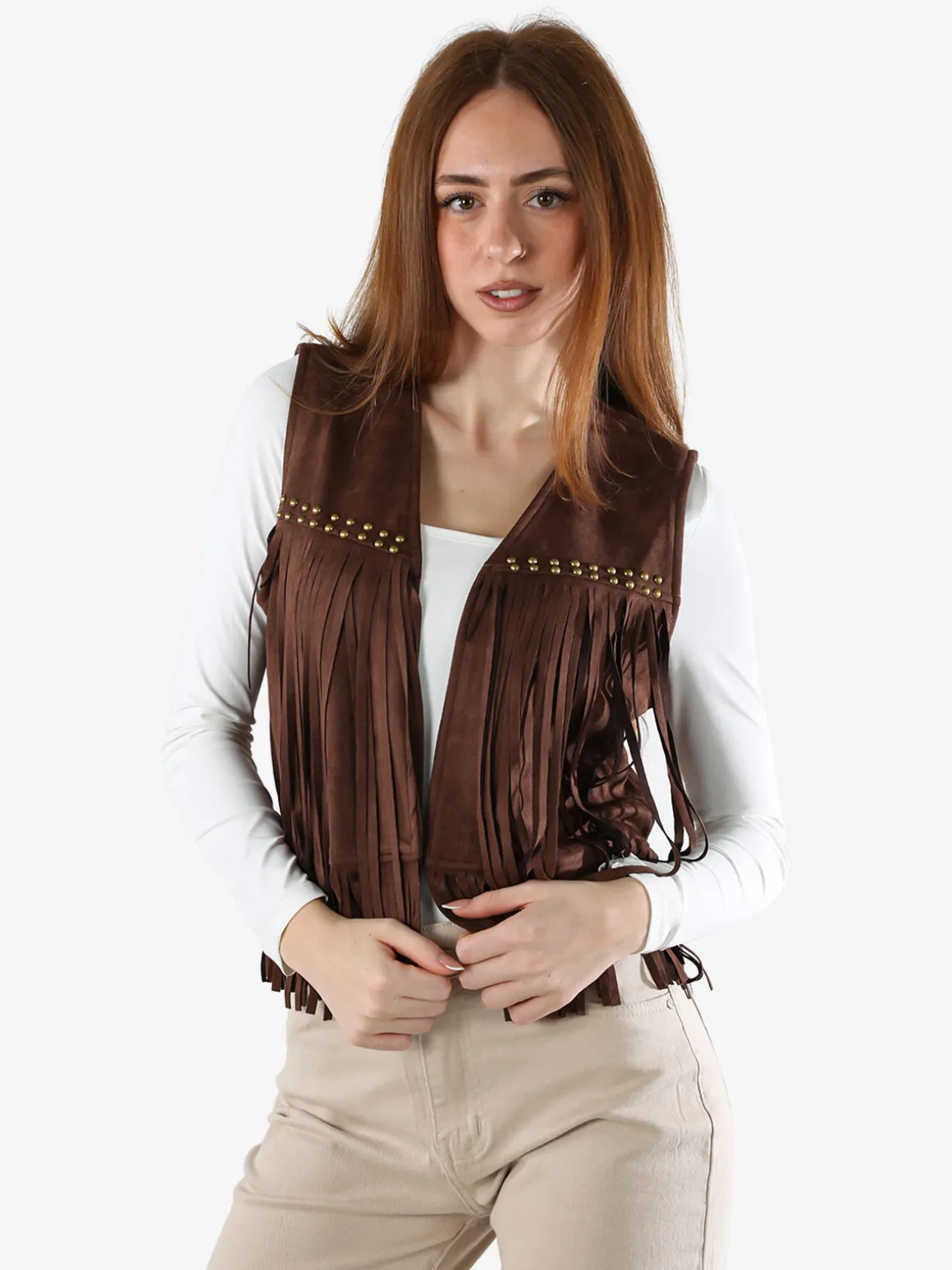 Rossamiss Gilet scamosciato da donna con frange e borchie - caffè