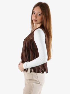 Rossamiss Gilet scamosciato da donna con frange e borchie - caffè