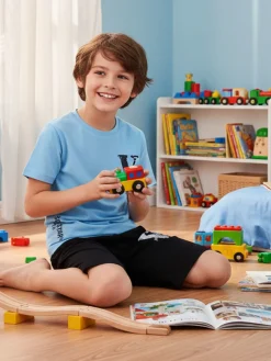 Run Boy Completo corto da ragazzo in cotone 2 pezzi con stampa davanti e dietro - azzurro