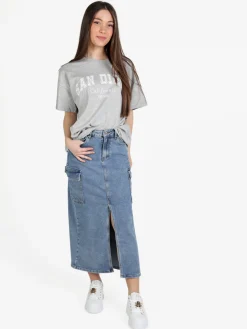Sexy Sense Gonna in denim con tasconi laterali e spacco profondo