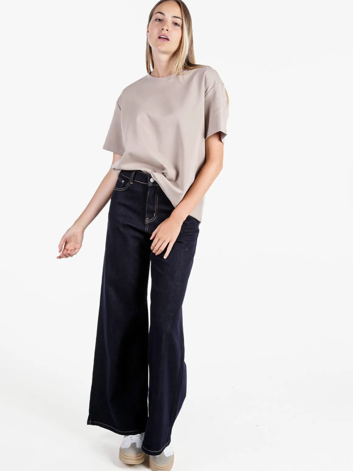 Sexy Sense Jeans donna a gamba larga e vita alta - blu scuro