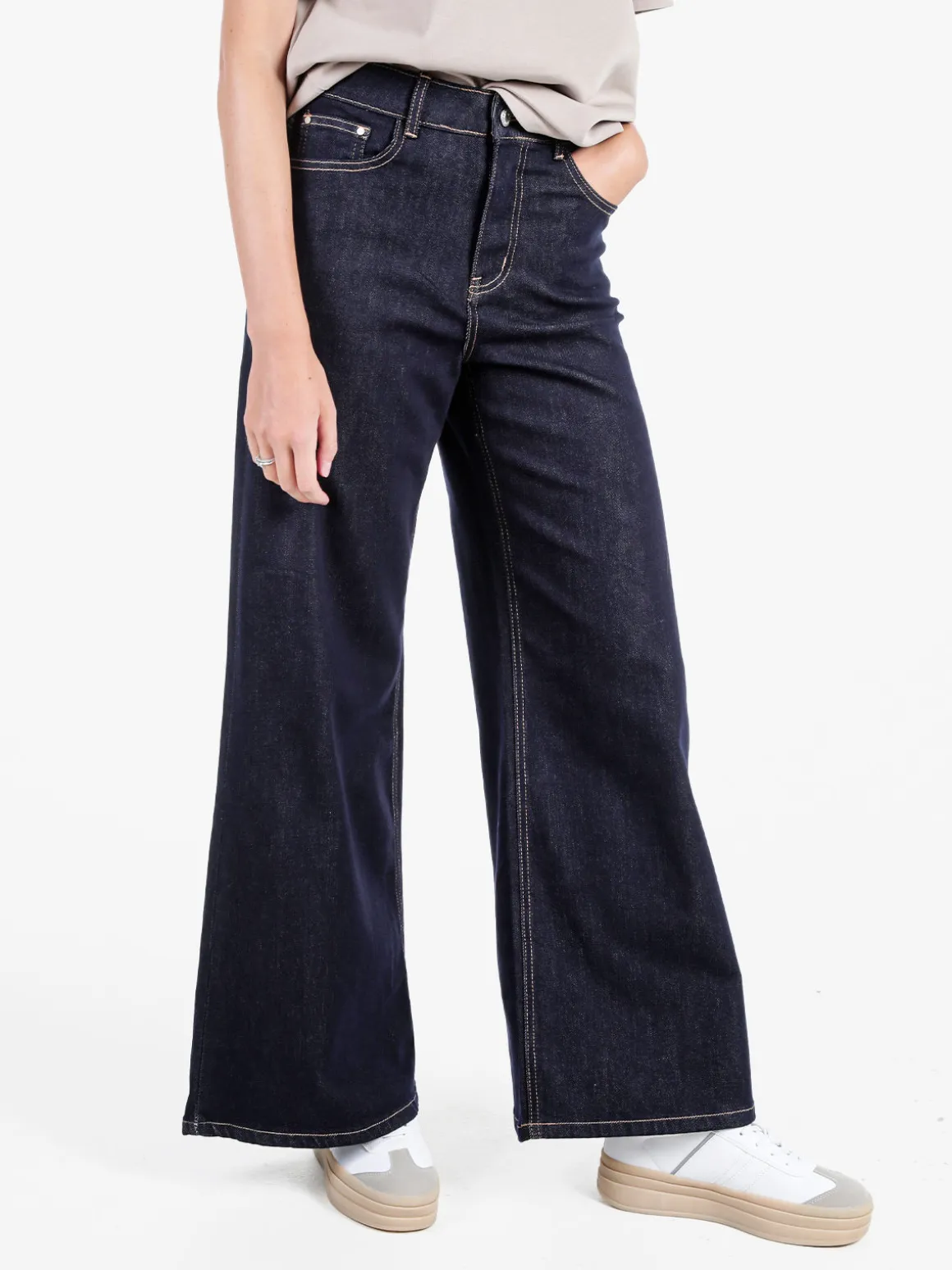 Sexy Sense Jeans donna a gamba larga e vita alta - blu scuro