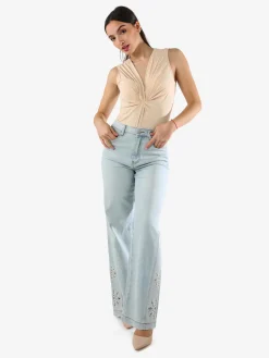 Sexy Sense Jeans donna a gamba larga con ricami e strass sul finale - jeans