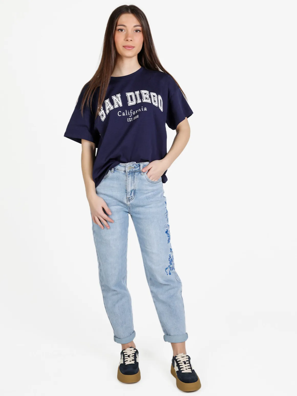 Sexy Sense Jeans donna mom fit con ricami floreali