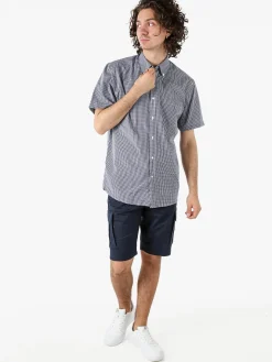 Sky Camicia da uomo a quadretti con maniche corte e taschino - blu scuro