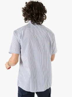 Sky Camicia da uomo rigata a maniche corte con taschino - blu scuro