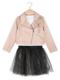 Smile Yes Completo 3 pezzi da bambina con giacca in ecopelle e gonna in tulle