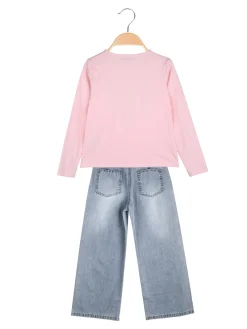 Smile Yes Completo 2 pezzi da bambina con t-shirt e jeans a gamba larga - rosa
