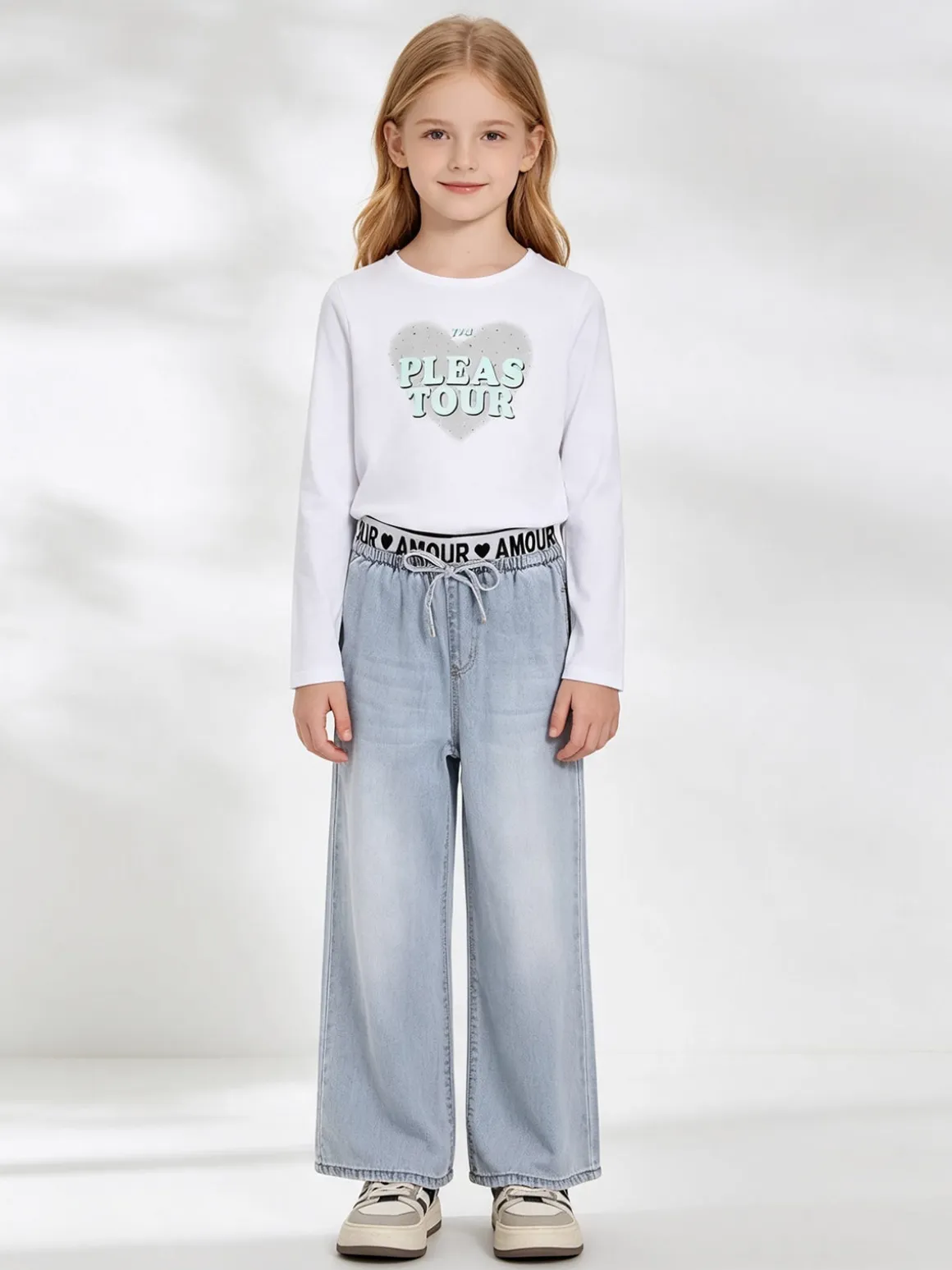 Smile Yes Completo 2 pezzi da bambina con t-shirt e jeans a gamba larga - acqua marina