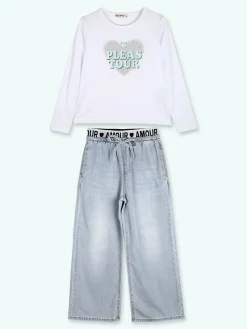 Smile Yes Completo 2 pezzi da bambina con t-shirt e jeans a gamba larga - acqua marina