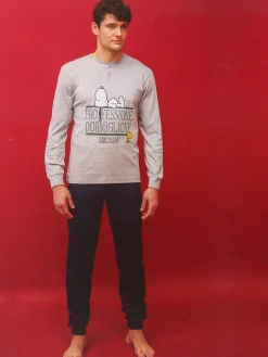 Snoopy Pigiama lungo da uomo in cotone interlock con stampe - grigio chiaro
