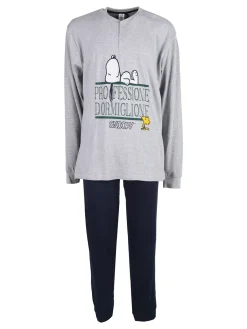 Snoopy Pigiama lungo da uomo in cotone interlock con stampe - grigio chiaro