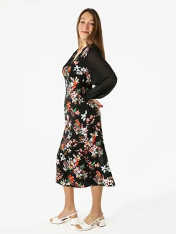 Solada Abito donna floreale con scollo a V e maniche lunghe velate - nero
