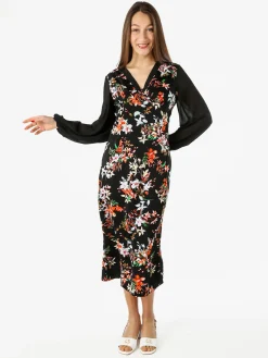 Solada Abito donna floreale con scollo a V e maniche lunghe velate - nero