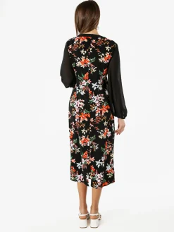 Solada Abito donna floreale con scollo a V e maniche lunghe velate - nero