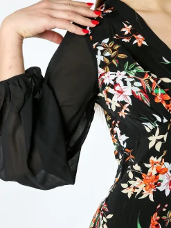 Solada Abito donna floreale con scollo a V e maniche lunghe velate - nero