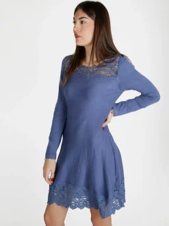Solada Abito donna svasato a maniche lunghe con dettagli in pizzo macramè