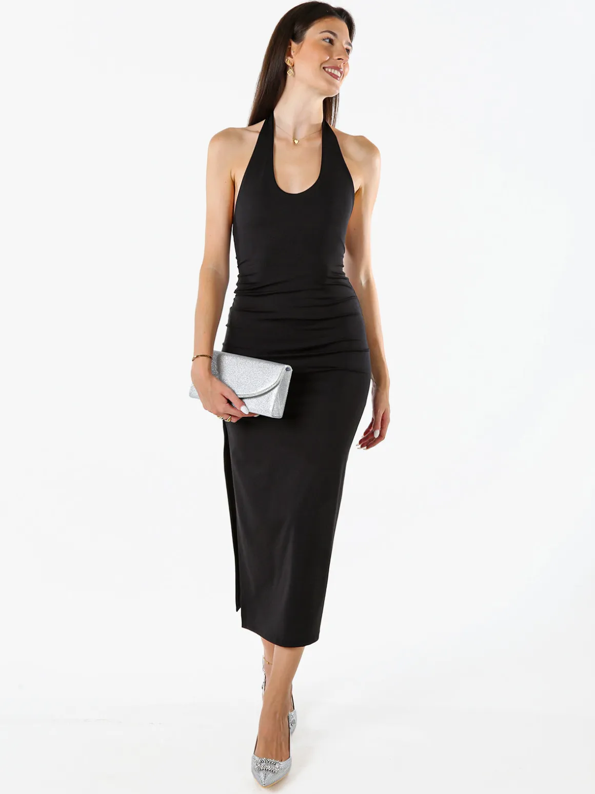 Solada Abito elegante da donna con spalle scoperte e spacco laterale - nero