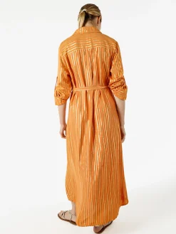 Solada Abito lungo a camicia con maniche lunghe e stampa a righe - arancione