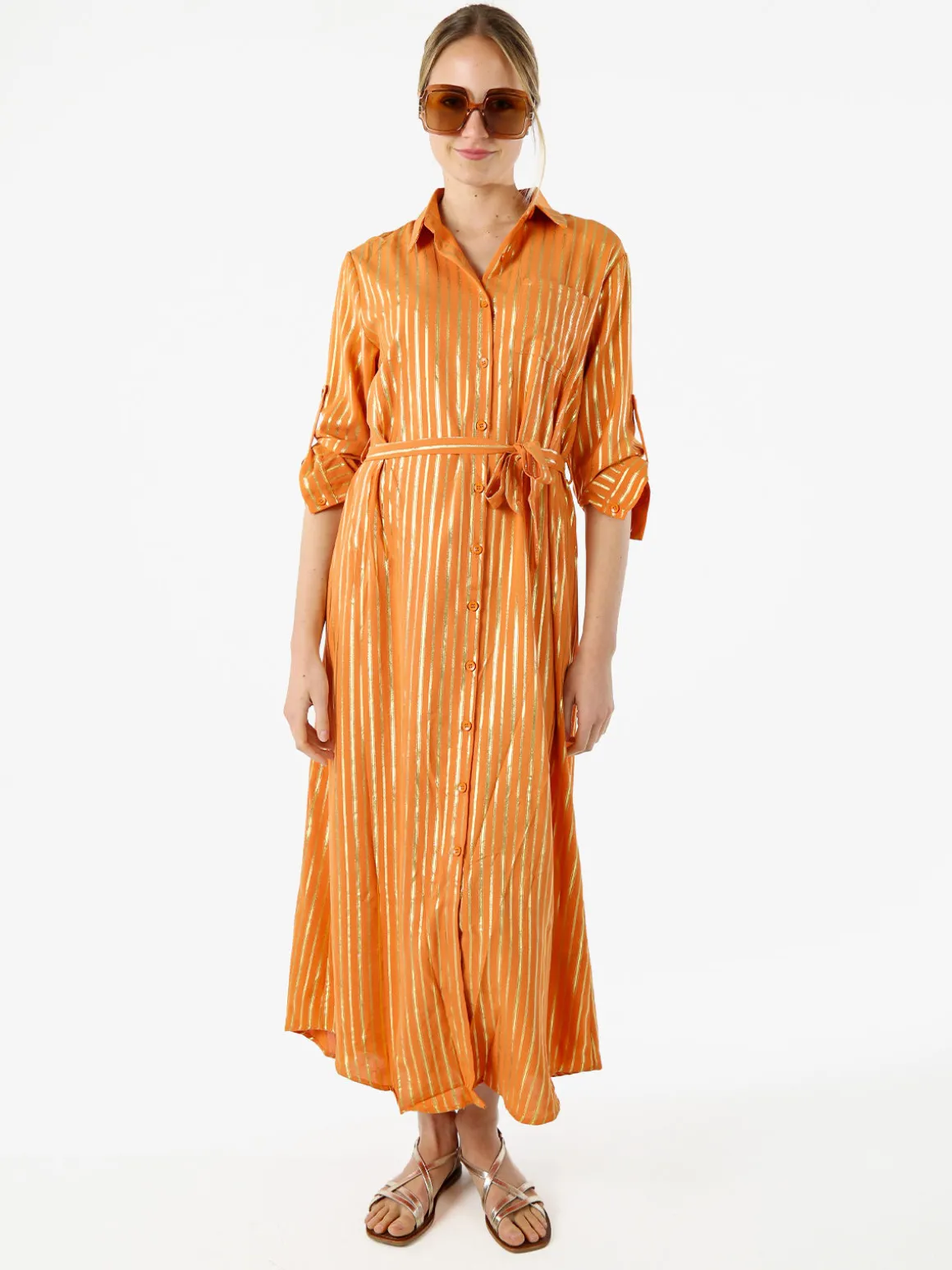 Solada Abito lungo a camicia con maniche lunghe e stampa a righe - arancione