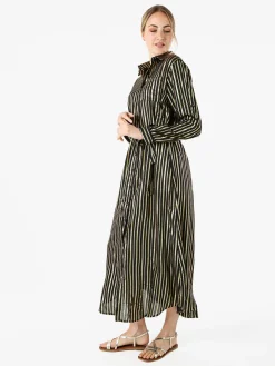 Solada Abito lungo a camicia con maniche lunghe e stampa a righe - nero