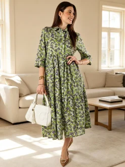 Solada Abito lungo da donna a camicia in cotone con maniche a 3/4 - verde