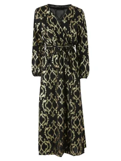 Solada Abito lungo da donna a maniche lunghe con stampe e scollo a V - nero