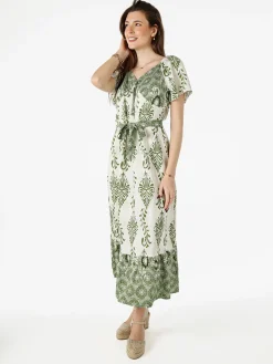 Solada Abito lungo da donna a maniche corte con scollo a V - verde