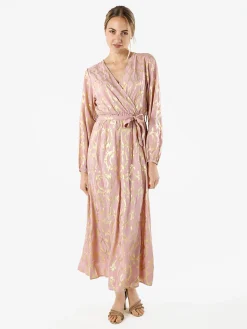 Solada Abito lungo da donna a maniche lunghe con stampe e scollo a V - rosa