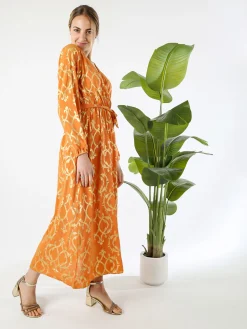 Solada Abito lungo da donna a maniche lunghe con stampe e scollo a V - arancione