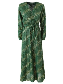 Solada Abito lungo da donna a maniche lunghe con stampa a righe dorate - verde