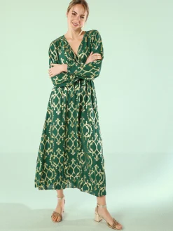 Solada Abito lungo da donna a maniche lunghe con stampe e scollo a V - verde