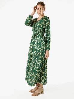 Solada Abito lungo da donna a maniche lunghe con stampe e scollo a V - verde
