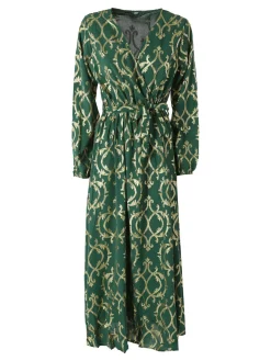 Solada Abito lungo da donna a maniche lunghe con stampe e scollo a V - verde
